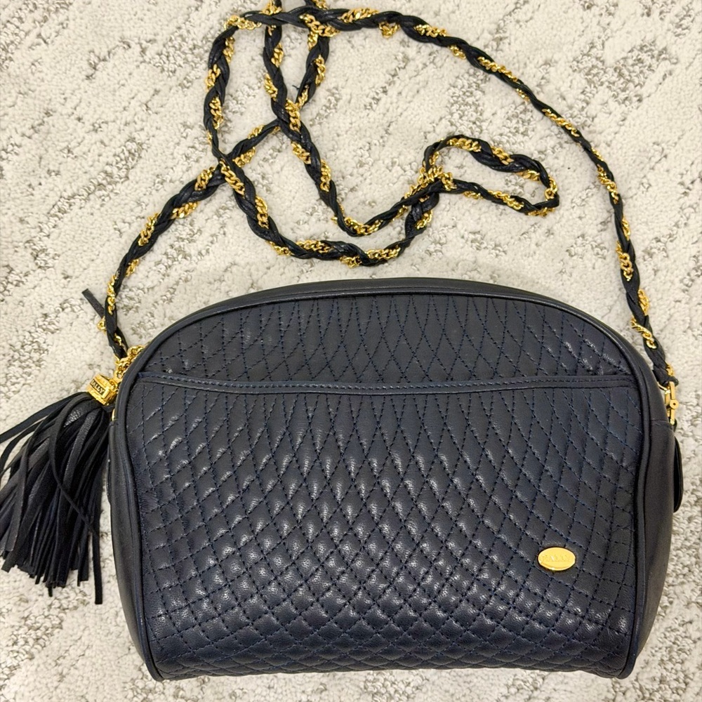 Bally Navy Quilted Leather Shoulder Bag With Gold Chain Strap- Like New!